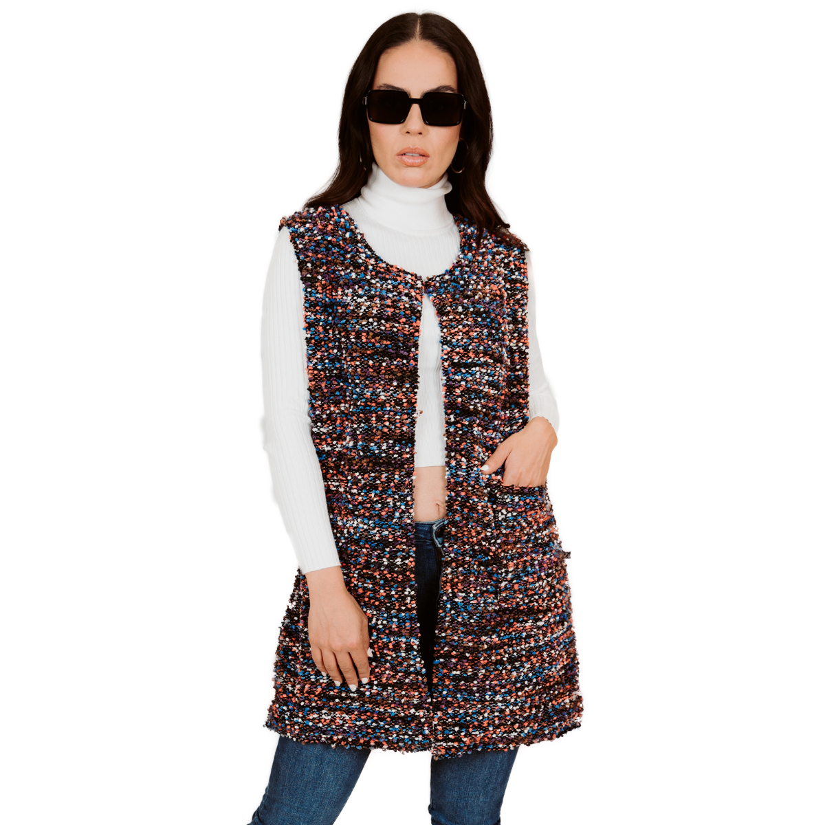 Chaleco cuello redondo para mujer en tejido de punto.