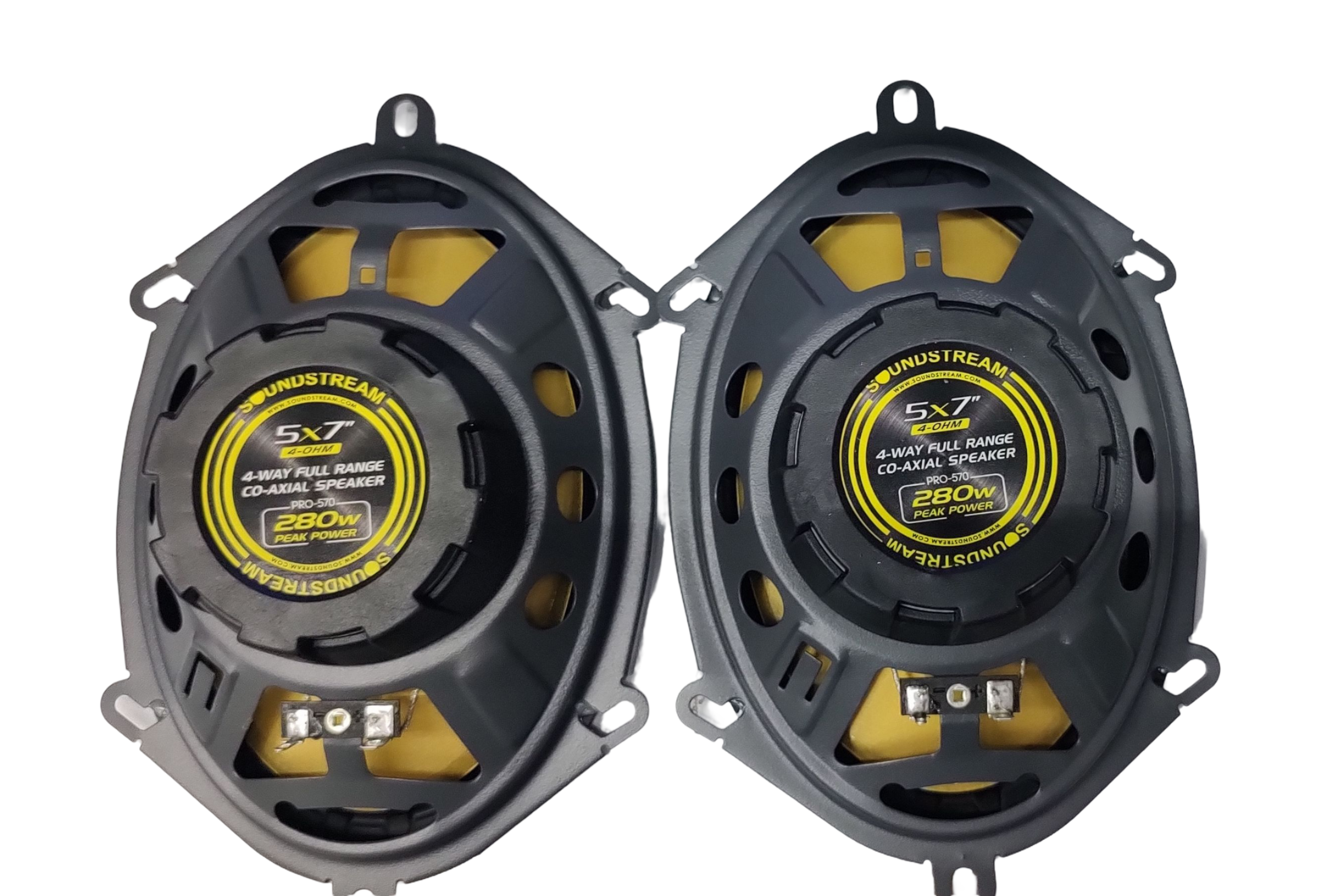 Bocinas Coaxiales SOUNDSTREAM PRO-570 140w Rms 5X7 Pulgadas 4 Ohms 2 Vías Cono Fibra de Carbono IMPP.