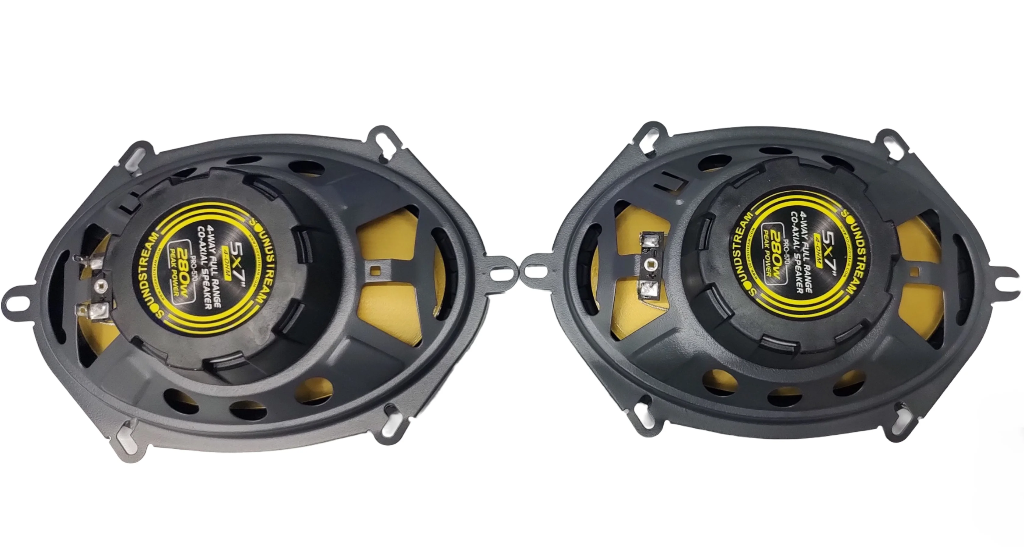 Bocinas Coaxiales SOUNDSTREAM PRO-570 140w Rms 5X7 Pulgadas 4 Ohms 2 Vías Cono Fibra de Carbono IMPP.