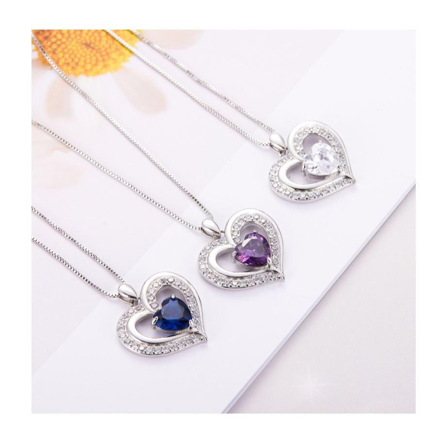 Collar Con Dije De Corazón De 925 Plata Azul.