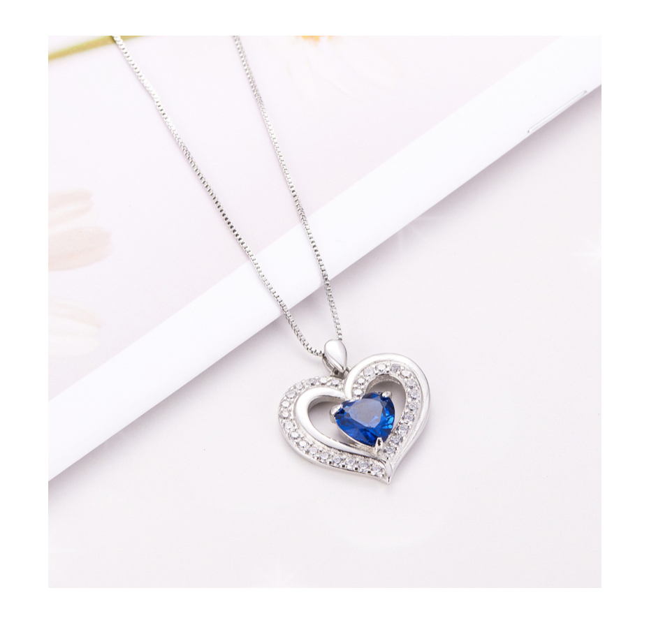Collar Con Dije De Corazón De 925 Plata Azul.