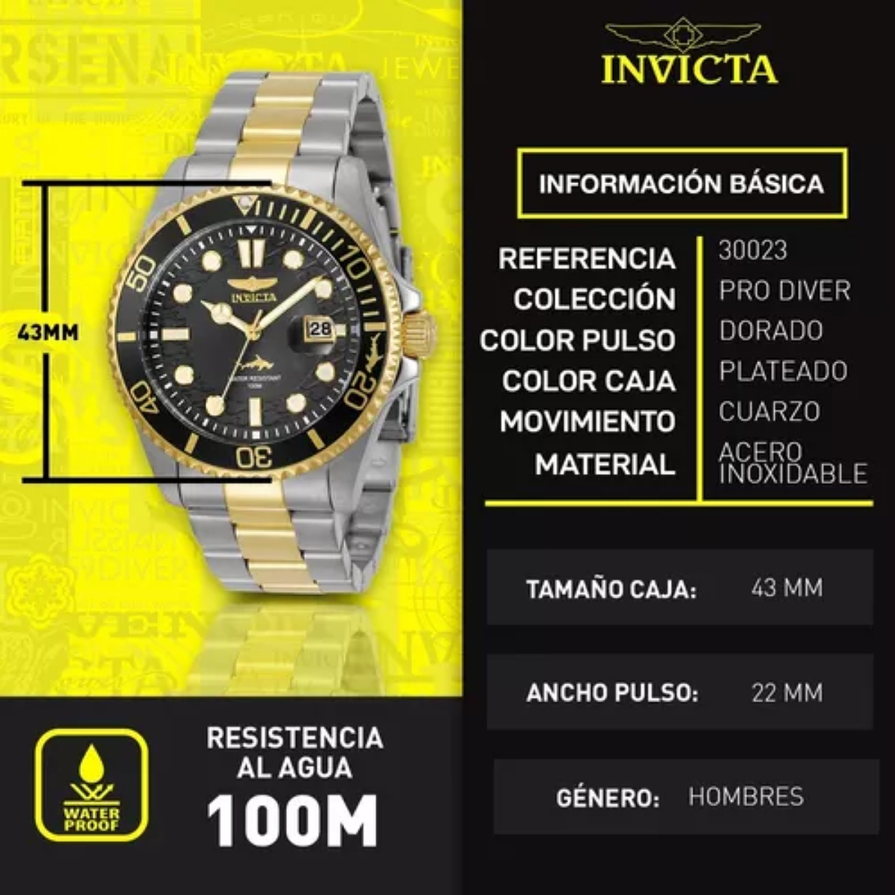 Reloj de pulsera Invicta Pro Diver 30023 analogico para hombre color acero y oro