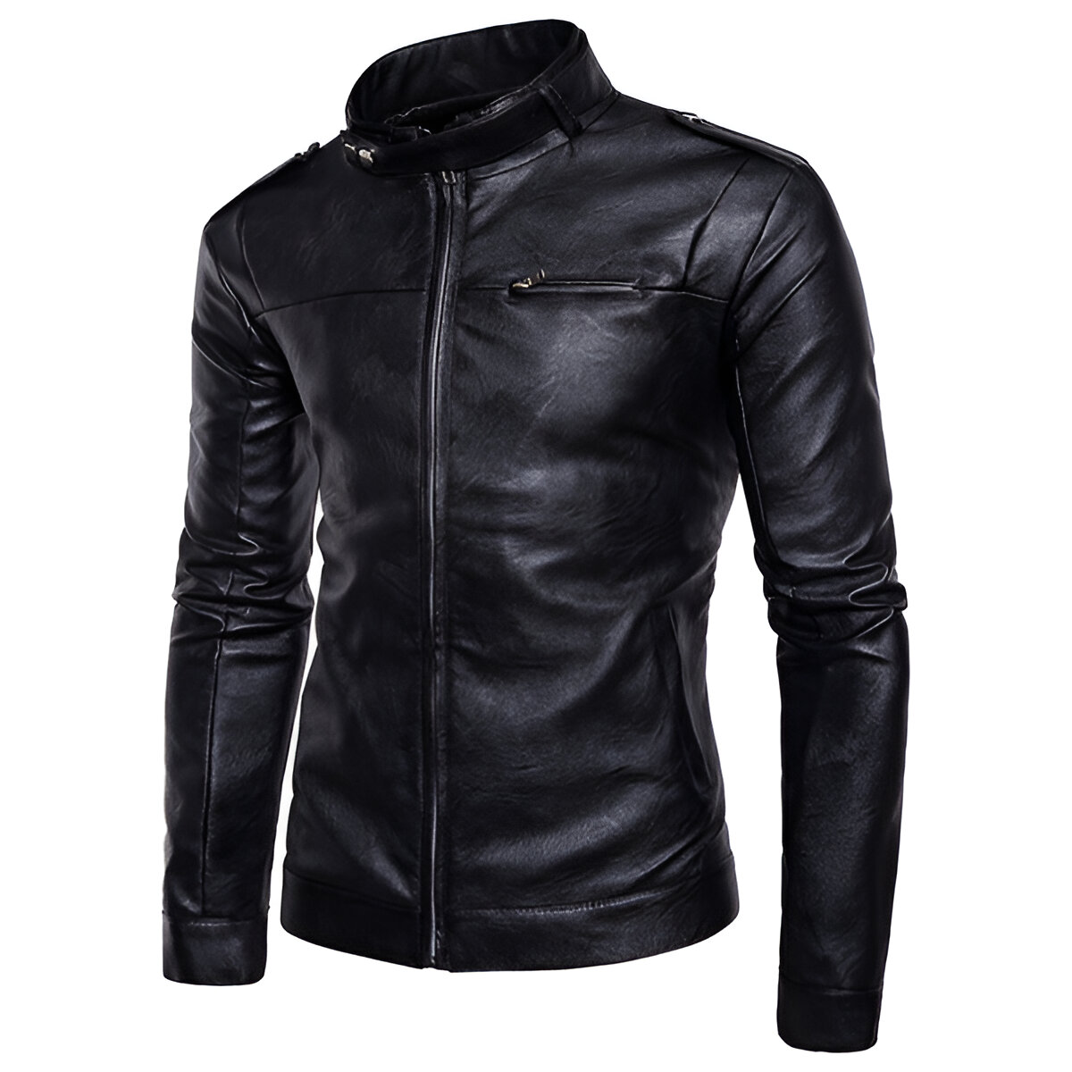 Chamarra De Piel Rockera Hombre Biker Cuello Alto Cinta B9.
