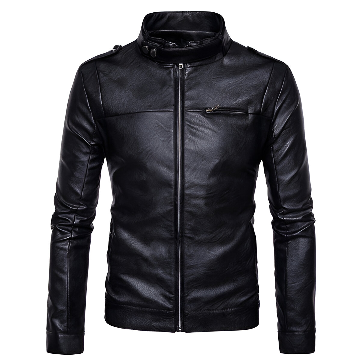 Chamarra De Piel Rockera Hombre Biker Cuello Alto Cinta B9.