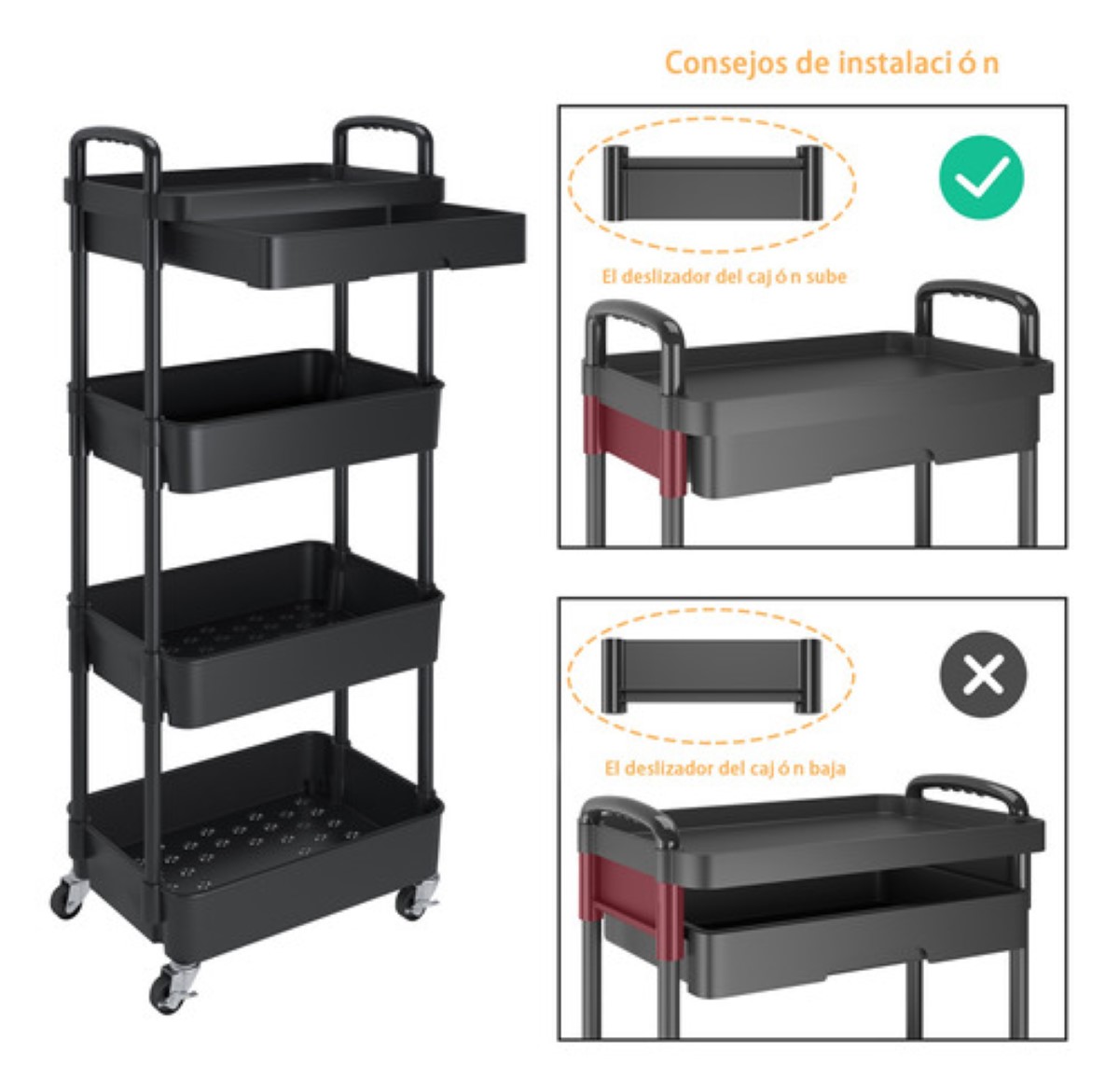 "Carrito Organizador 4 Niveles Multiusos Estantes Con Cajón "