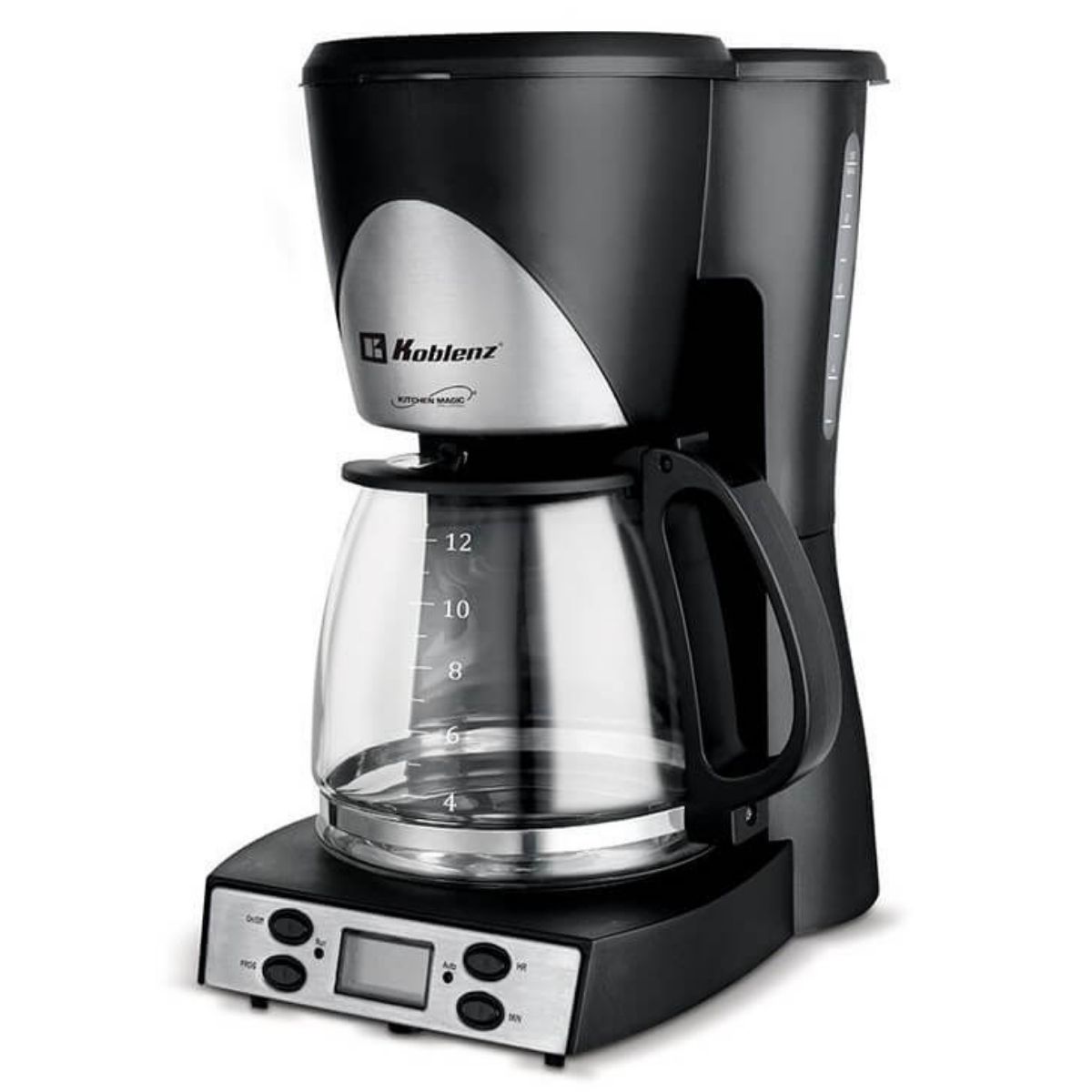 CAFETERA 12 TAZAS DE GOTEO JARRA DE VIDRIO NEGRO/PLATA KOBLENZ.