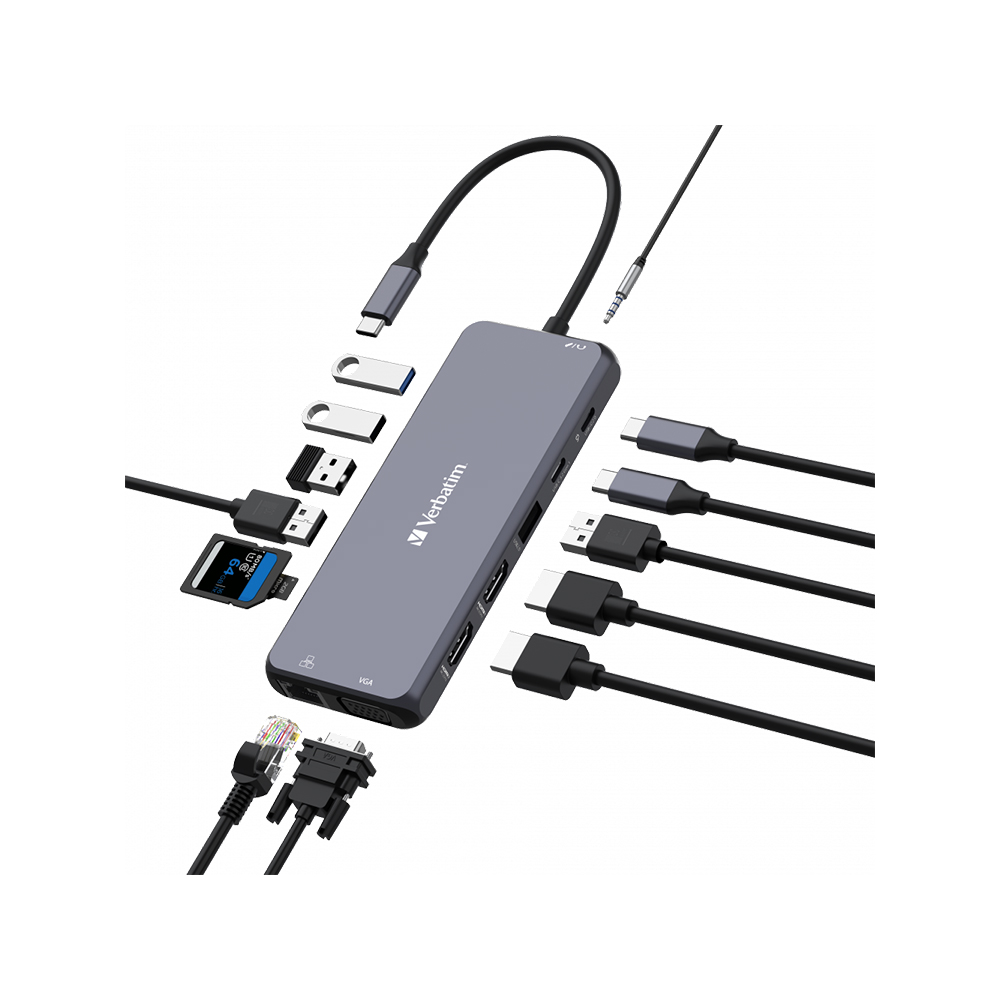 Hub Multipuerto Verbatim Usb-c Pro 14 Puertos Red Gigabit 4k.