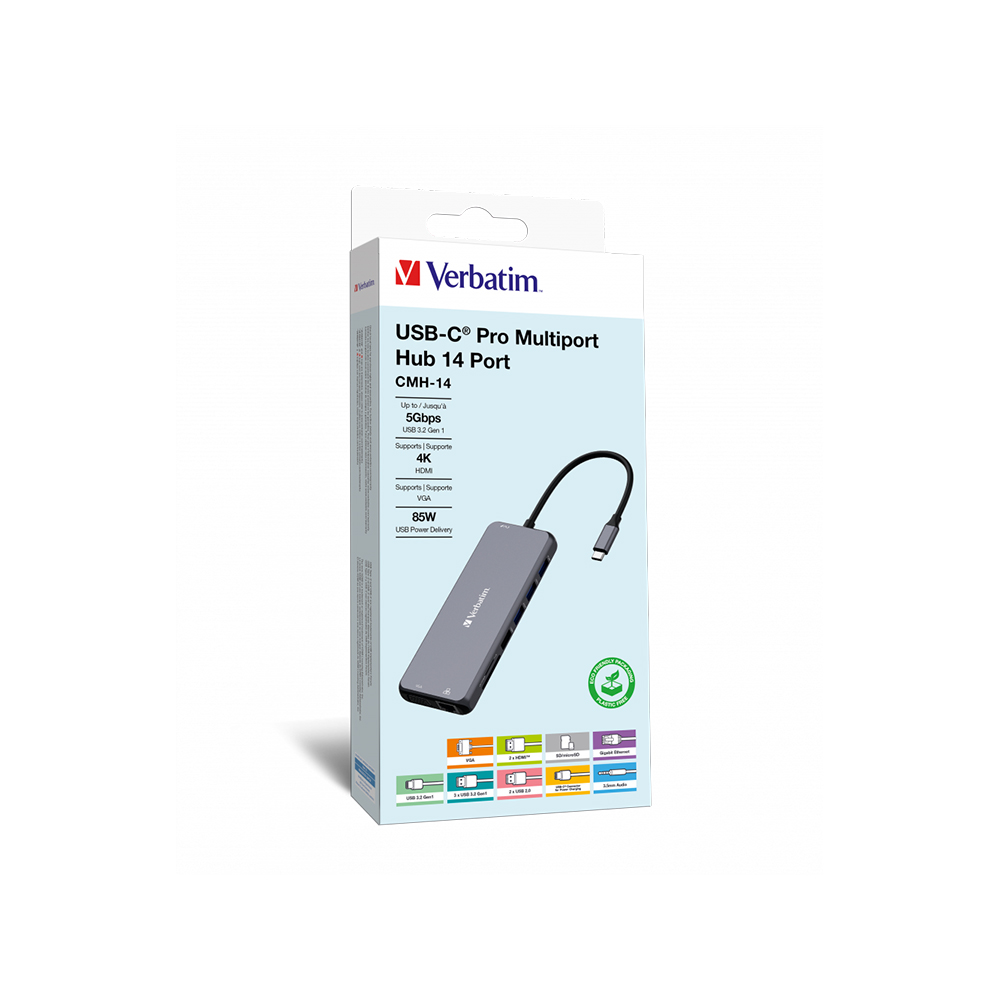 Hub Multipuerto Verbatim Usb-c Pro 14 Puertos Red Gigabit 4k.