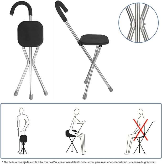 A DOTOTO Bastón Plegable con Silla, Silla bastón de Cuatro Patas de Acero Inoxidable,Taburete Plegable de Bastón de Mano para Ancianos,Soporta hasta 95kg..