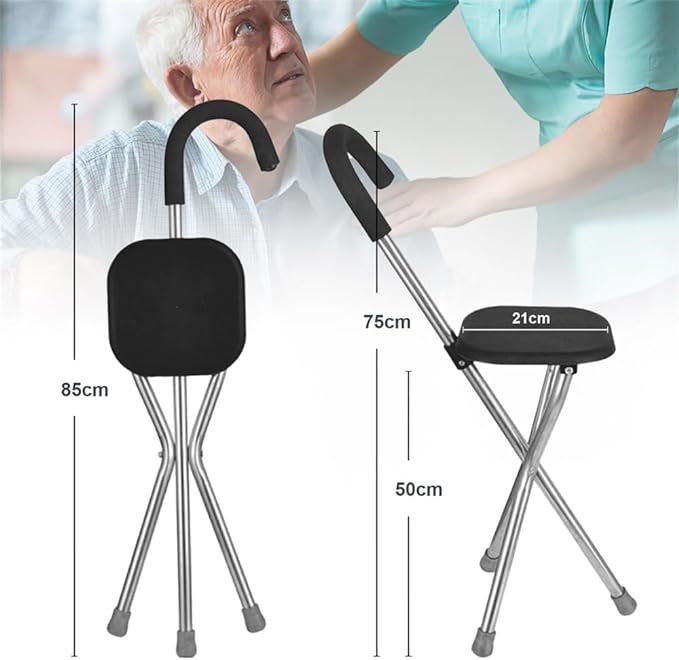 A DOTOTO Bastón Plegable con Silla, Silla bastón de Cuatro Patas de Acero Inoxidable,Taburete Plegable de Bastón de Mano para Ancianos,Soporta hasta 95kg..