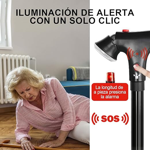 A POGEPE Bastones para Adulto Mayor, Bastón Ajustable con Función de Alarma, Baston Retractil de 2 Mangos - Luz LED Ajustable de 45°, Altura Ajustable de 5 Niveles, Bastones para Adulto Mayor 4 Apoyos.