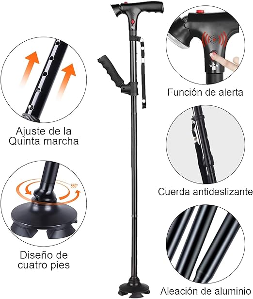 A POGEPE Bastones para Adulto Mayor, Bastón Ajustable con Función de Alarma, Baston Retractil de 2 Mangos - Luz LED Ajustable de 45°, Altura Ajustable de 5 Niveles, Bastones para Adulto Mayor 4 Apoyos.