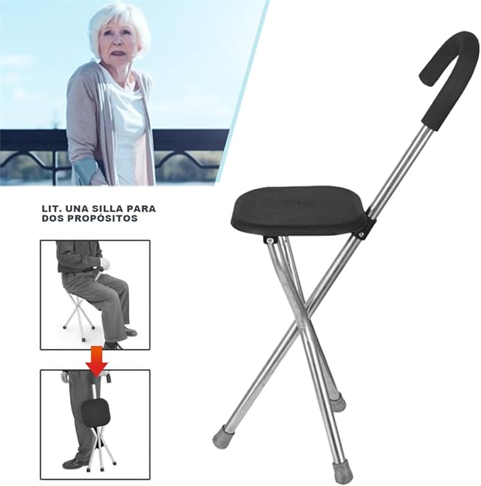 A DOTOTO Bastón Plegable con Silla, Silla bastón de Cuatro Patas de Acero Inoxidable,Taburete Plegable de Bastón de Mano para Ancianos,Soporta hasta 95kg..