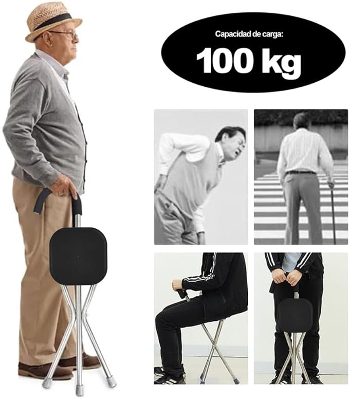 A DOTOTO Bastón Plegable con Silla, Silla bastón de Cuatro Patas de Acero Inoxidable,Taburete Plegable de Bastón de Mano para Ancianos,Soporta hasta 95kg..