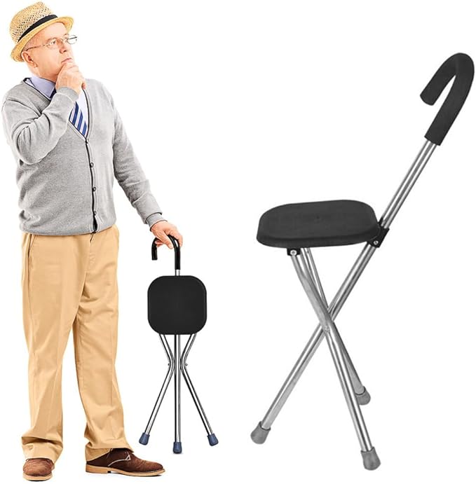 A DOTOTO Bastón Plegable con Silla, Silla bastón de Cuatro Patas de Acero Inoxidable,Taburete Plegable de Bastón de Mano para Ancianos,Soporta hasta 95kg..