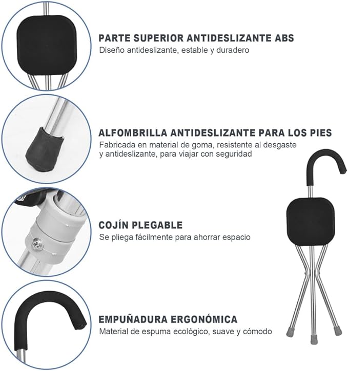 A DOTOTO Bastón Plegable con Silla, Silla bastón de Cuatro Patas de Acero Inoxidable,Taburete Plegable de Bastón de Mano para Ancianos,Soporta hasta 95kg..