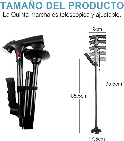 A POGEPE Bastones para Adulto Mayor, Bastón Ajustable con Función de Alarma, Baston Retractil de 2 Mangos - Luz LED Ajustable de 45°, Altura Ajustable de 5 Niveles, Bastones para Adulto Mayor 4 Apoyos.