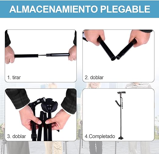 A POGEPE Bastones para Adulto Mayor, Bastón Ajustable con Función de Alarma, Baston Retractil de 2 Mangos - Luz LED Ajustable de 45°, Altura Ajustable de 5 Niveles, Bastones para Adulto Mayor 4 Apoyos.