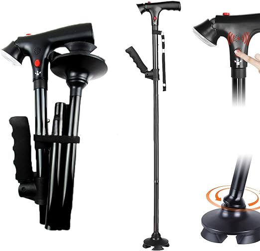 A POGEPE Bastones para Adulto Mayor, Bastón Ajustable con Función de Alarma, Baston Retractil de 2 Mangos - Luz LED Ajustable de 45°, Altura Ajustable de 5 Niveles, Bastones para Adulto Mayor 4 Apoyos.