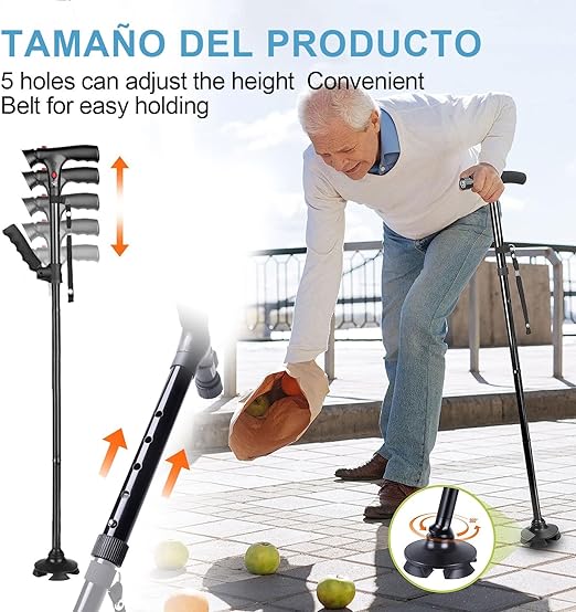 A POGEPE Bastones para Adulto Mayor, Bastón Ajustable con Función de Alarma, Baston Retractil de 2 Mangos - Luz LED Ajustable de 45°, Altura Ajustable de 5 Niveles, Bastones para Adulto Mayor 4 Apoyos.