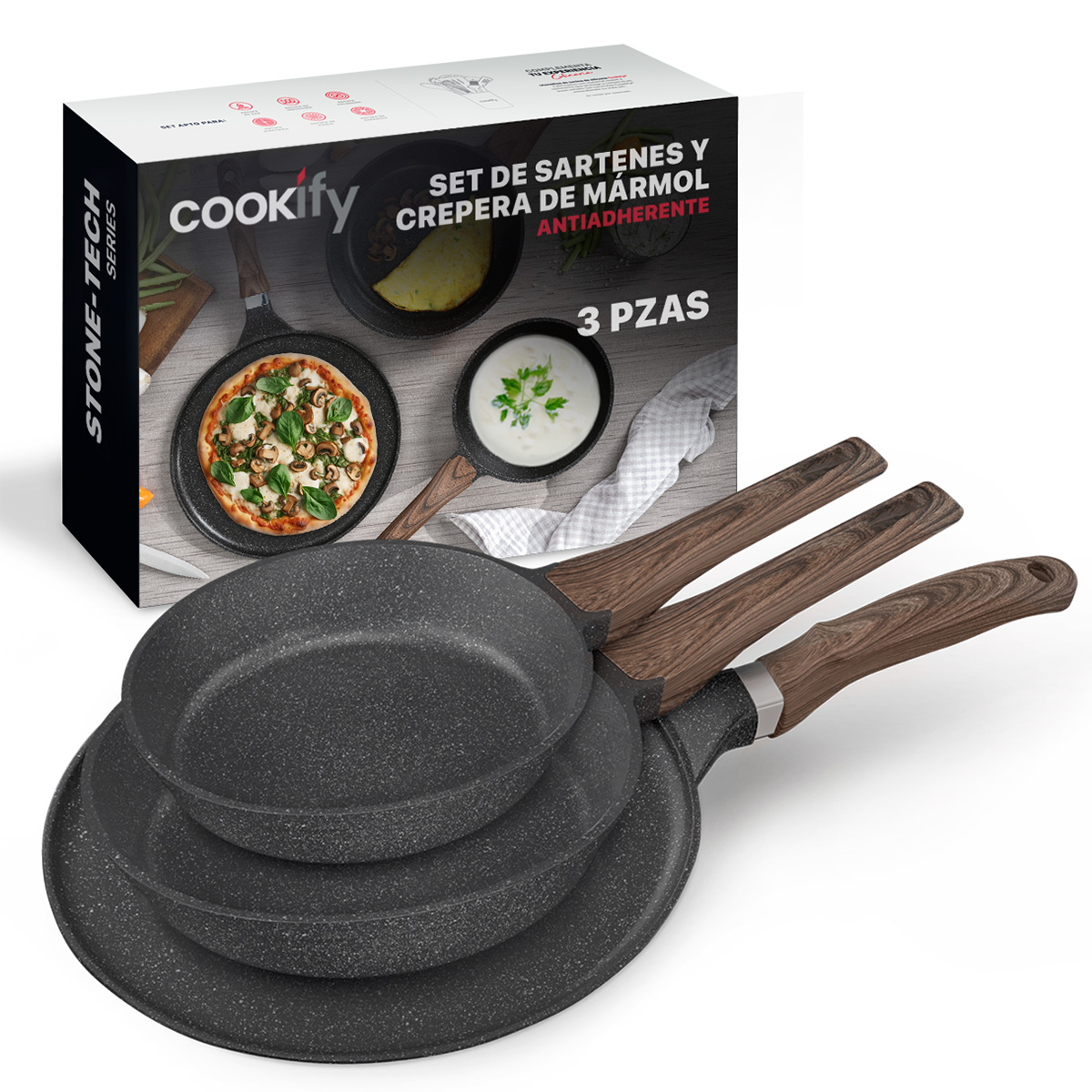 Juego Set 3 Sartenes De Mármol Con Antiadherente 20 - 24 - 28 cm Negro Cookify.