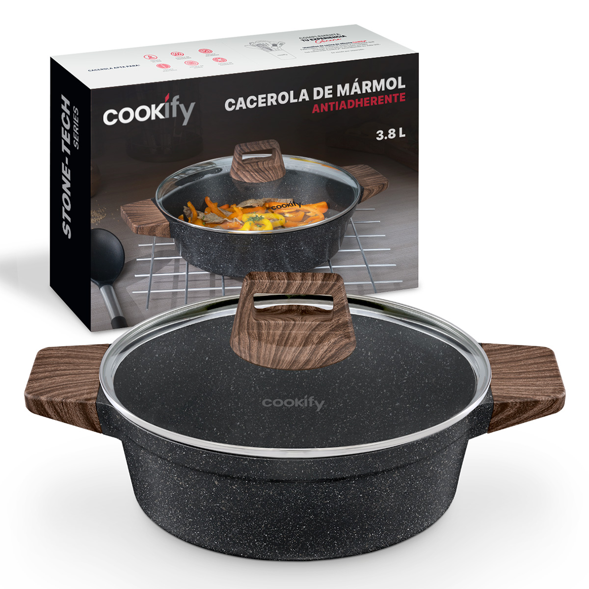 Cacerola Arrocera Antiadherente Con Tapa 28 cm Mármol Negro Cookify.