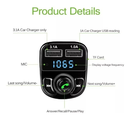 Bluetooth Transmisor Fm Auto Manos Libres Cargador 2 Usb.