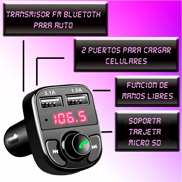 Bluetooth Transmisor Fm Auto Manos Libres Cargador 2 Usb.