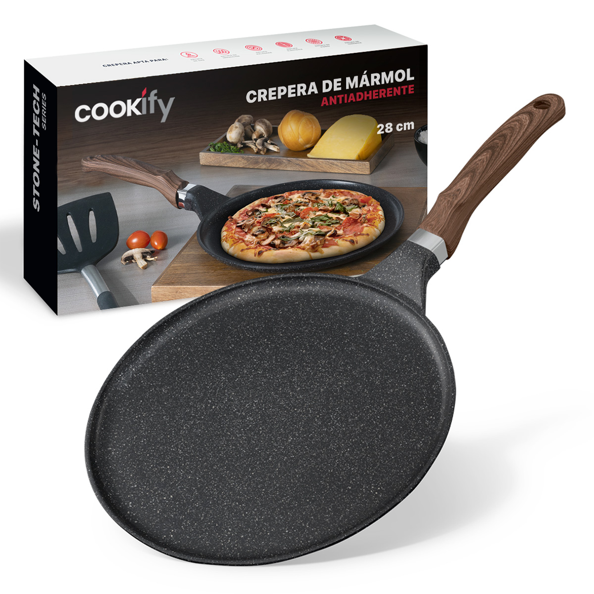 Sartén Crepera Comal de Mármol Con Antiadherente 28 cm Negro Cookify.