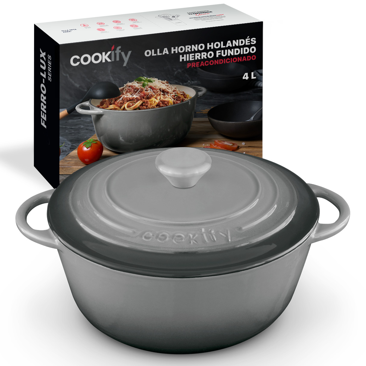 Horno Holandés Olla De Hierro Fundido Con Esmaltado 4 Lts Gris Cookify.