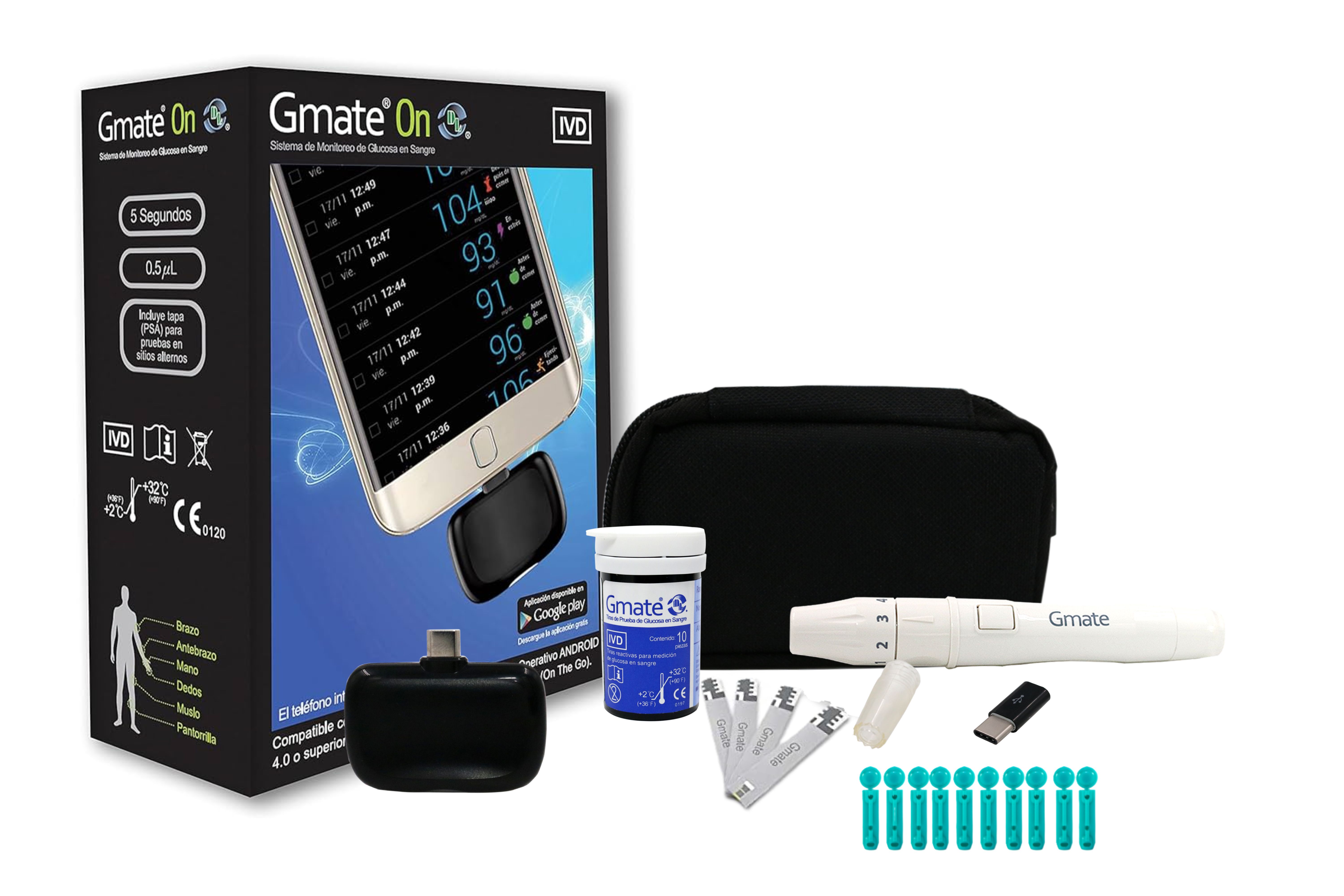 Glucómetro Gmate On Compatible con Dispositivos Android,Kit con accesorios incluidos, medidor de glucosa en sangre portatil.