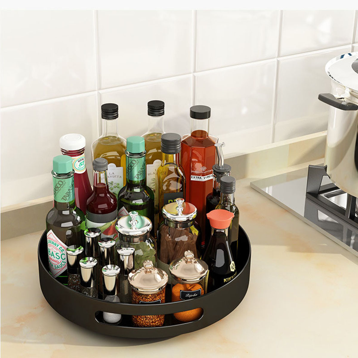 Organizador de metal giratorio de doble nivel para la cocina.
