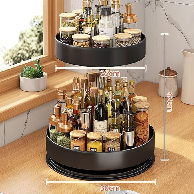 Organizador de metal giratorio de doble nivel para la cocina.