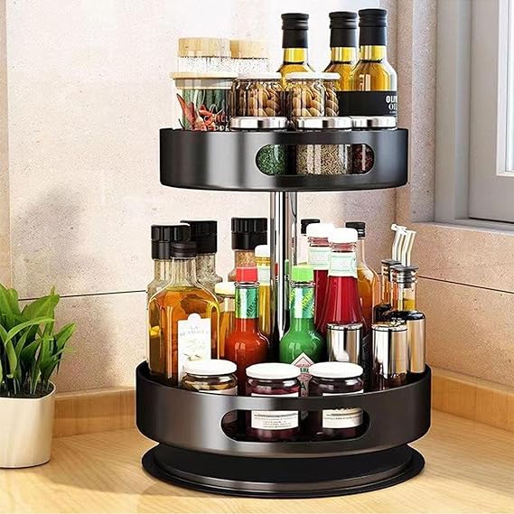 Organizador de metal giratorio de doble nivel para la cocina.