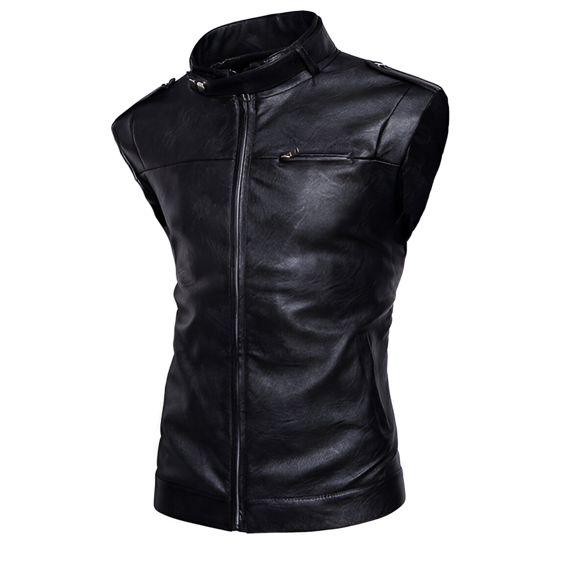 Chaleco De Piel Rockero Hombre Biker Cuello Alto Cinta C9.
