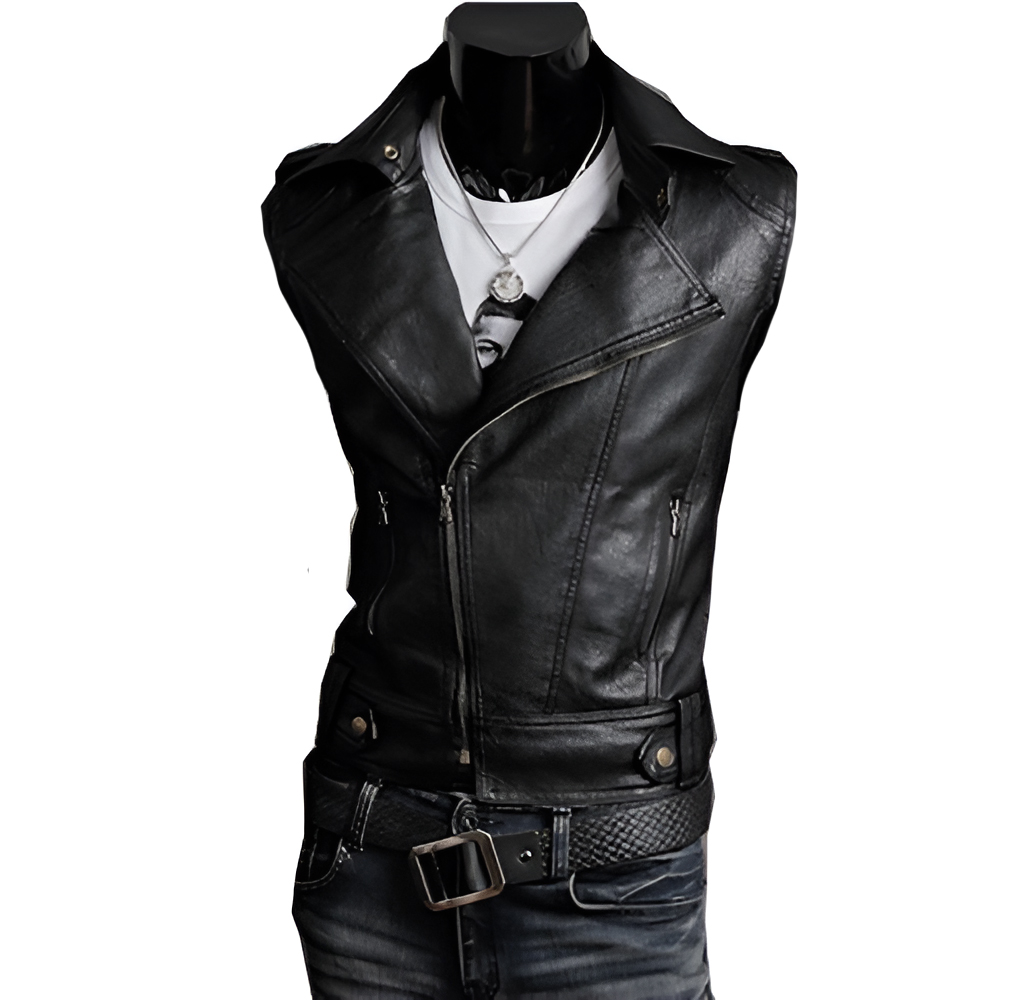 Chaleco De Piel Rockero Cruzado Hombre Motociclista Slim Dc1.