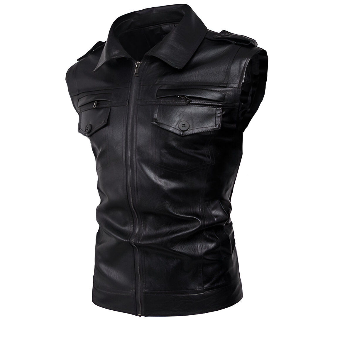 Chaleco De Piel Rockero Hombre Cuello Camisa Biker Slim Dc2.