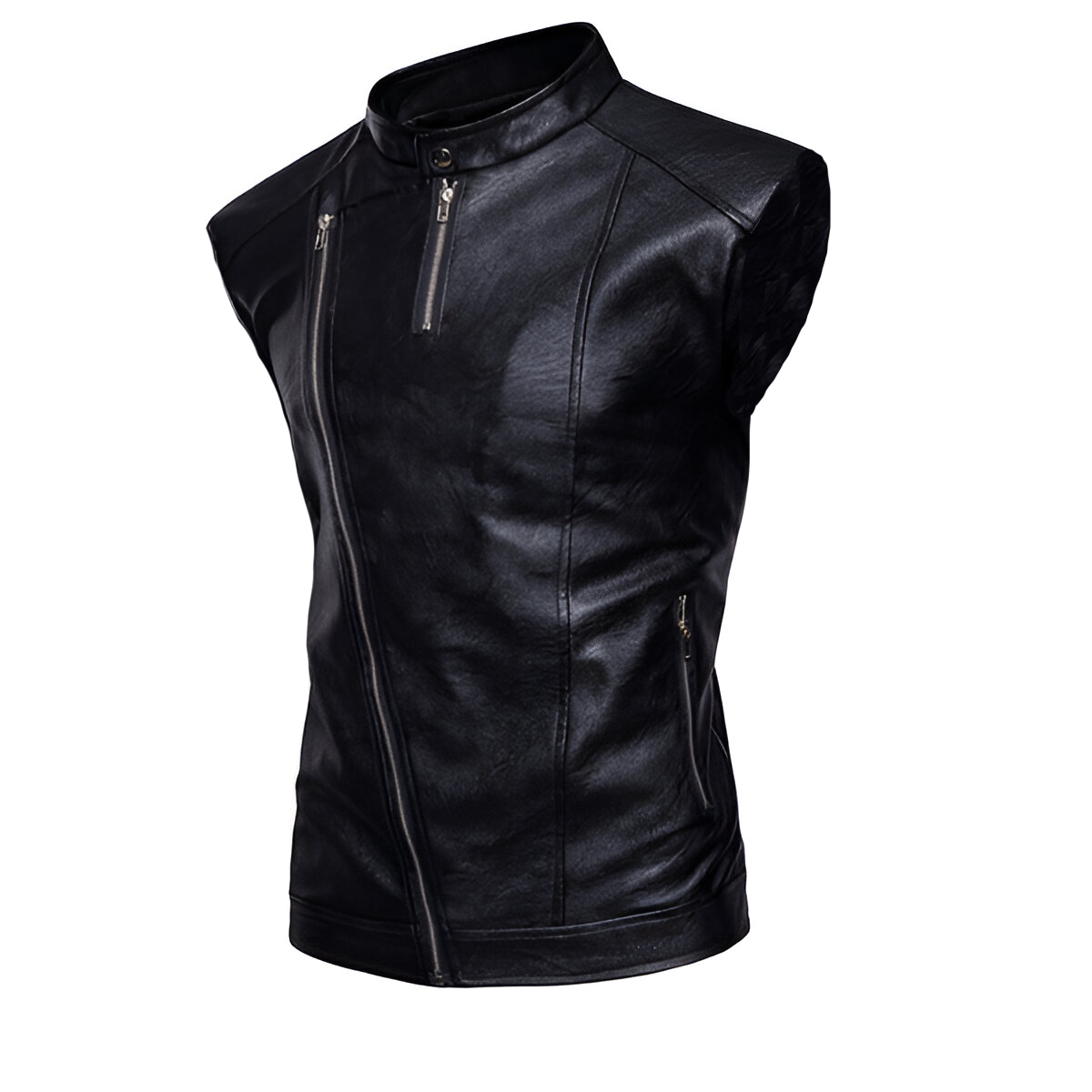 Chaleco De Piel Rockero Hombre Biker Cuello Alto Cinta Dc3.