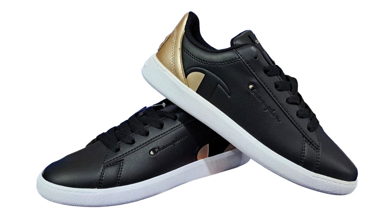 Tenis Casual Champion Pure Color Negro/Dorado Para Mujer.