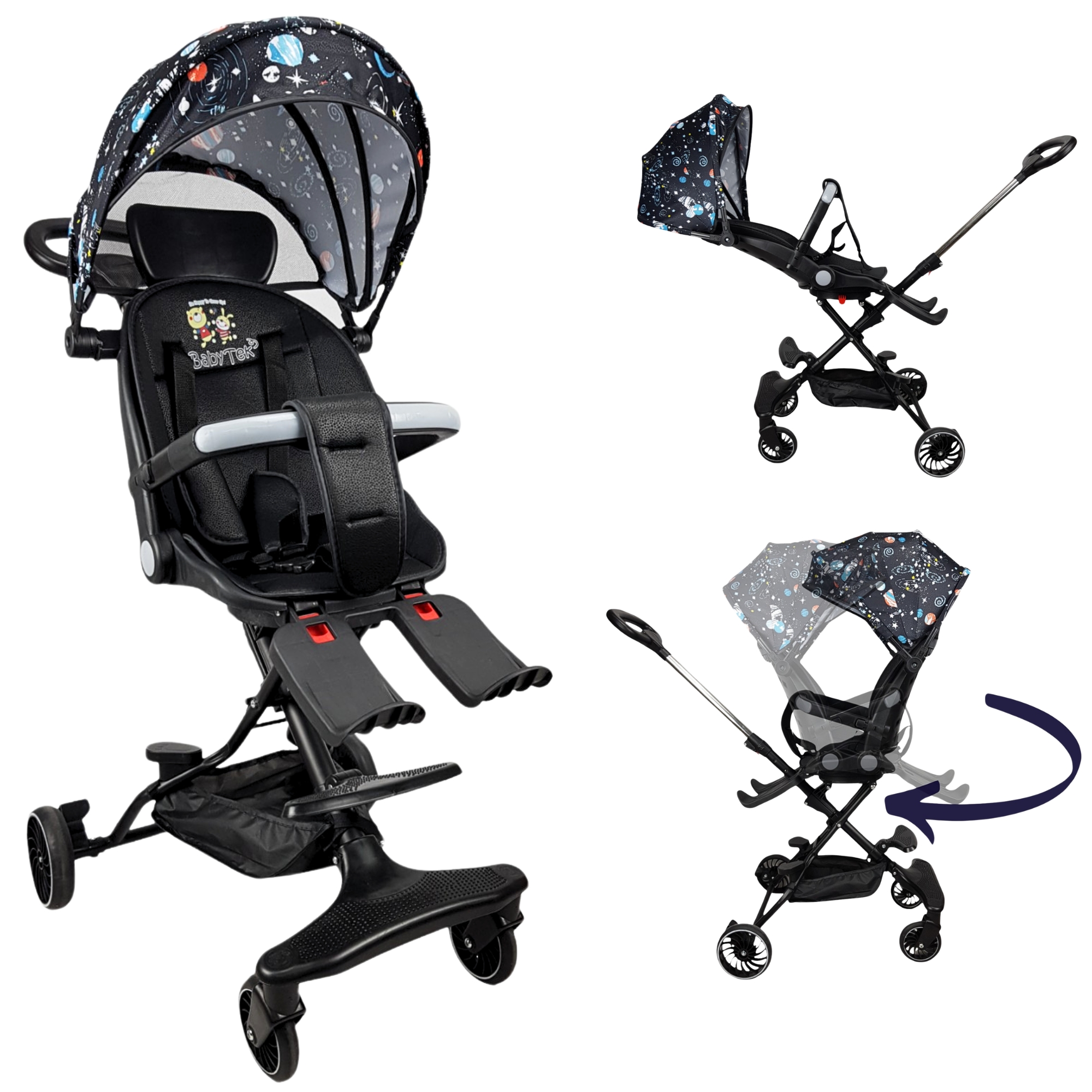 Carriola para Bebé Giratoria,Frenos,Plegable y Reclinable - Negro.