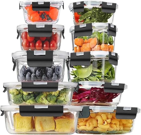 TANNYS KITCHEN Juego de recipientes de vidrio herméticos para almacenamiento de alimentos con tapas de cierre fácil y a prueba de fugas - sin BPA (10).