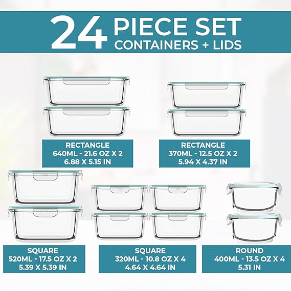 Razab - 24 recipientes herméticos de vidrio para almacenamiento de alimentos con tapas para microondas, horno, congelador y lavaplatos, válvula de liberación de vapor, sin BPA, sin PVC, pequeños y grandes, reutilizables, redondos, cuadrados y rectangulares.