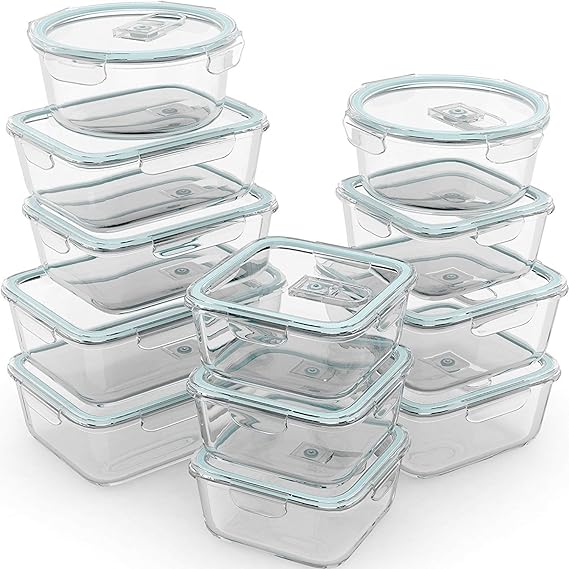 Razab - 24 recipientes herméticos de vidrio para almacenamiento de alimentos con tapas para microondas, horno, congelador y lavaplatos, válvula de liberación de vapor, sin BPA, sin PVC, pequeños y grandes, reutilizables, redondos, cuadrados y rectangulares.