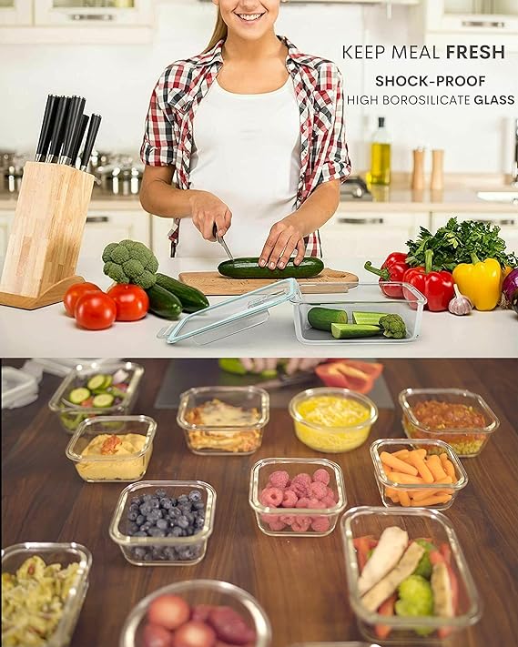 Razab - 24 recipientes herméticos de vidrio para almacenamiento de alimentos con tapas para microondas, horno, congelador y lavaplatos, válvula de liberación de vapor, sin BPA, sin PVC, pequeños y grandes, reutilizables, redondos, cuadrados y rectangulares.