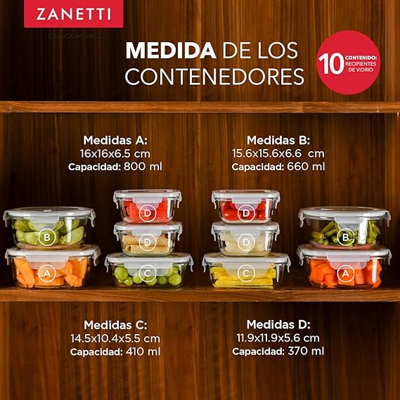 Zanetti - Juego de 12 piezas - 10 Recipientes Herméticos de Vidrio Extra Grueso para Almacenamiento de Alimentos y Tapa con Válvula para Liberación de Vapor I Refractarios para Refrigerador, Congelador, Microondas y Horno I REGALO EXTRA: 2 bolsas silicona para almacenamiento de alimentos.