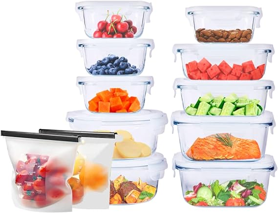 Zanetti - Juego de 12 piezas - 10 Recipientes Herméticos de Vidrio Extra Grueso para Almacenamiento de Alimentos y Tapa con Válvula para Liberación de Vapor I Refractarios para Refrigerador, Congelador, Microondas y Horno I REGALO EXTRA: 2 bolsas silicona para almacenamiento de alimentos.