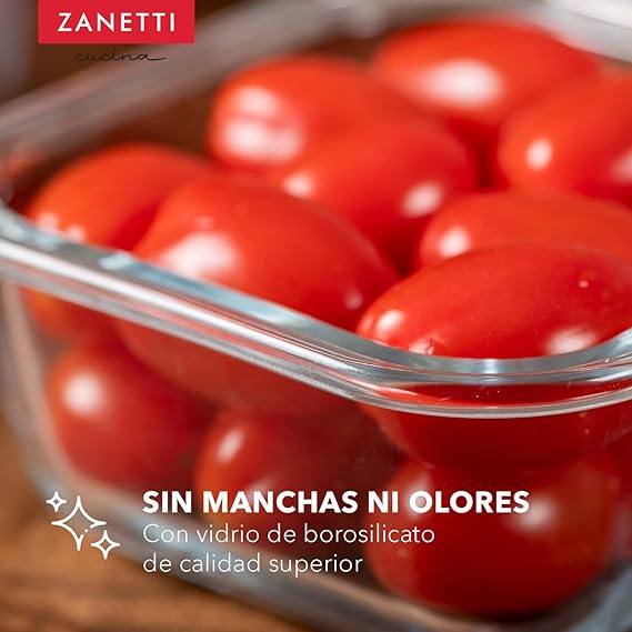 Zanetti - Juego de 12 piezas - 10 Recipientes Herméticos de Vidrio Extra Grueso para Almacenamiento de Alimentos y Tapa con Válvula para Liberación de Vapor I Refractarios para Refrigerador, Congelador, Microondas y Horno I REGALO EXTRA: 2 bolsas silicona para almacenamiento de alimentos.