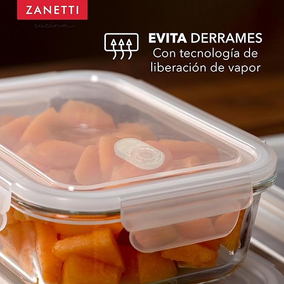 Zanetti - Juego de 12 piezas - 10 Recipientes Herméticos de Vidrio Extra Grueso para Almacenamiento de Alimentos y Tapa con Válvula para Liberación de Vapor I Refractarios para Refrigerador, Congelador, Microondas y Horno I REGALO EXTRA: 2 bolsas silicona para almacenamiento de alimentos.