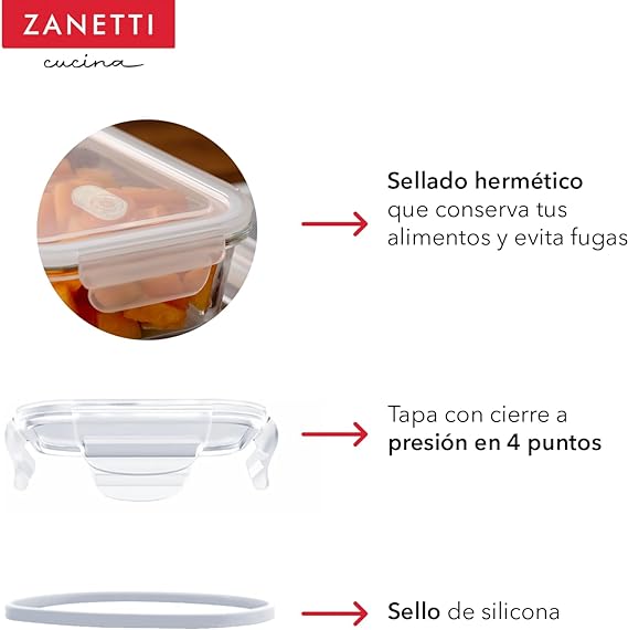 Zanetti - Juego de 12 piezas - 10 Recipientes Herméticos de Vidrio Extra Grueso para Almacenamiento de Alimentos y Tapa con Válvula para Liberación de Vapor I Refractarios para Refrigerador, Congelador, Microondas y Horno I REGALO EXTRA: 2 bolsas silicona para almacenamiento de alimentos.