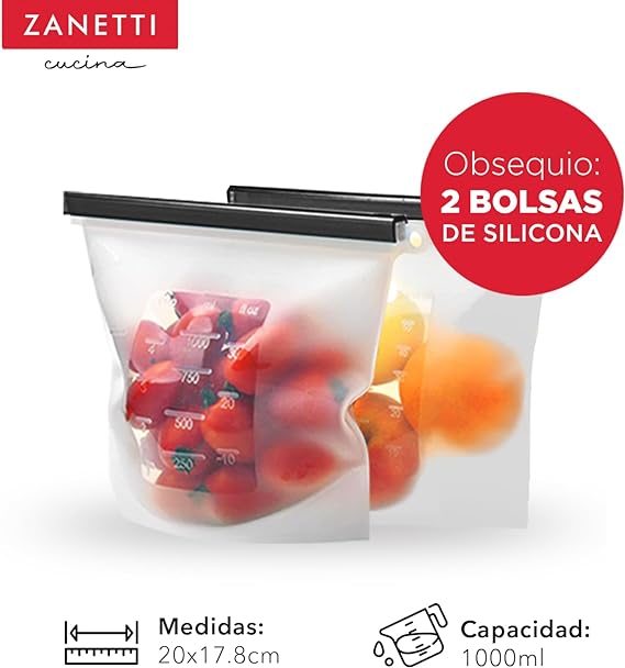 Zanetti - Juego de 12 piezas - 10 Recipientes Herméticos de Vidrio Extra Grueso para Almacenamiento de Alimentos y Tapa con Válvula para Liberación de Vapor I Refractarios para Refrigerador, Congelador, Microondas y Horno I REGALO EXTRA: 2 bolsas silicona para almacenamiento de alimentos.